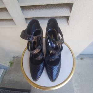 Loeffler Randall black snakeskin double strap closures heels 7.5.